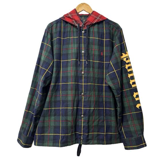 Polo Ralph Lauren Mens Plaid Hooded Snap Front Shirt Size XXL Green Preppy Logo - Picture 1 of 13